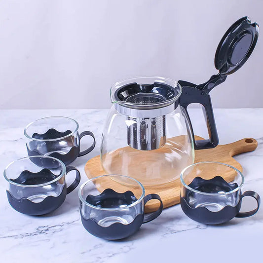 Flame Proof Glass Kettle & Cup Set With Strainer High Quality Kettle Set For Home & Café Use  (4 Cup & 1 Kettle) (24 Pc MOQ) - Discount Karo