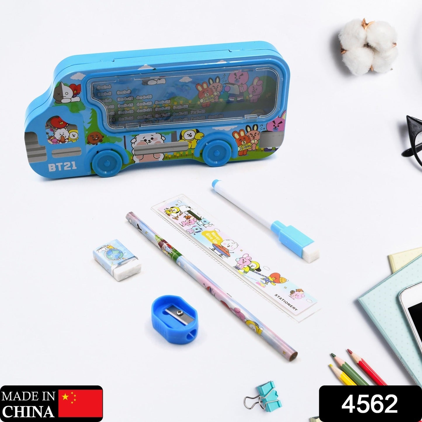 Bus Shape Compass Box for Boys, Kids School Accessories |  Pencil Box  with Wheels for Girls and Kids, String Operated Case Students School Supplies - Stationery Set Organizer Birthday Return Gift for Kids - Discount Karo