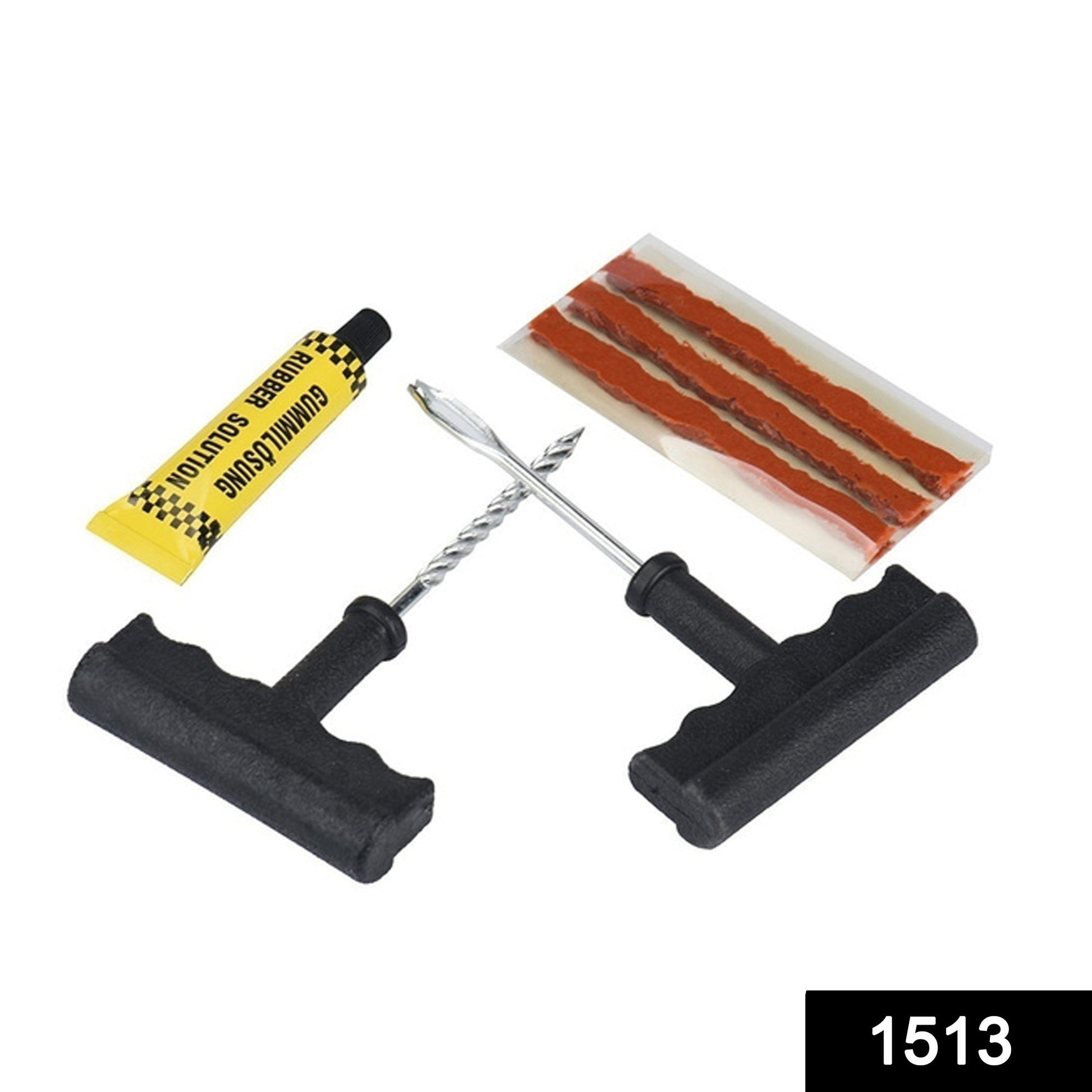 1513 Puncture Repair Kit Tubeless Tyre Full Set with Nose Pliers, Rubber Cement and Extra Strips for Cars, Bikes 