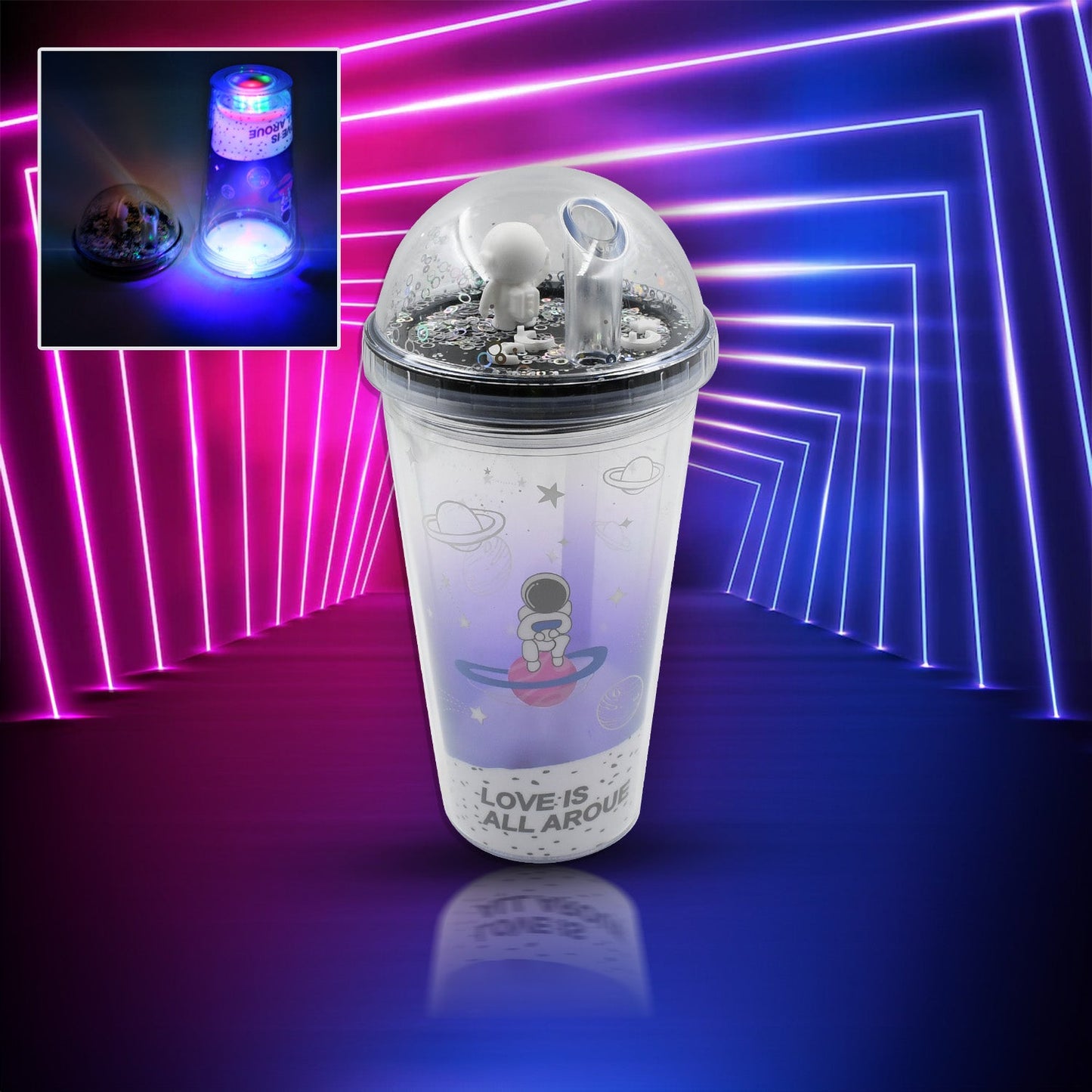 LED Glow Light, Design Printed Insulated Double Wall Plastic Tumbler Cups With Straws 13oz Theming Astronaut in Space Travel Tumbler Freezer Mug Drinking Cups for Boys and Girls School/Tuition/Gym/ Picnic (Pack Of 1) - Discount Karo