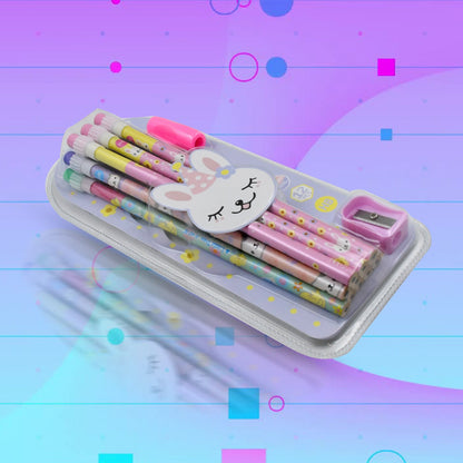 Cute Rabbit Bear Drawing Graphite Writing Pencil Set with Pencil Sharpener & Eraser, Pencil and Eraser Set with Eraser for Kids, for Girls, Fancy School Stationary, Birthday Party Return Gift (14 Pc Set) - Discount Karo