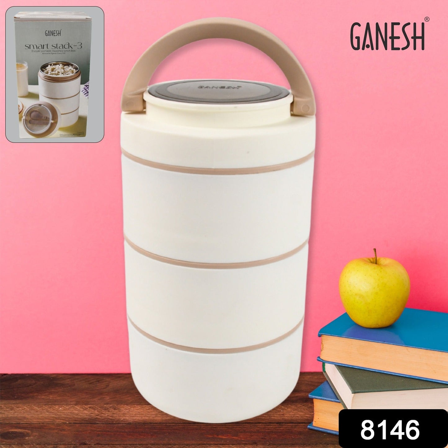 Ganesh Smart Stack 3 Layer Portable Lunch Box Stainless Steel Airtight Leak-Proof Lunch Box for Office, School, Picnic: Color May Vary (3 Layer) - Discount Karo