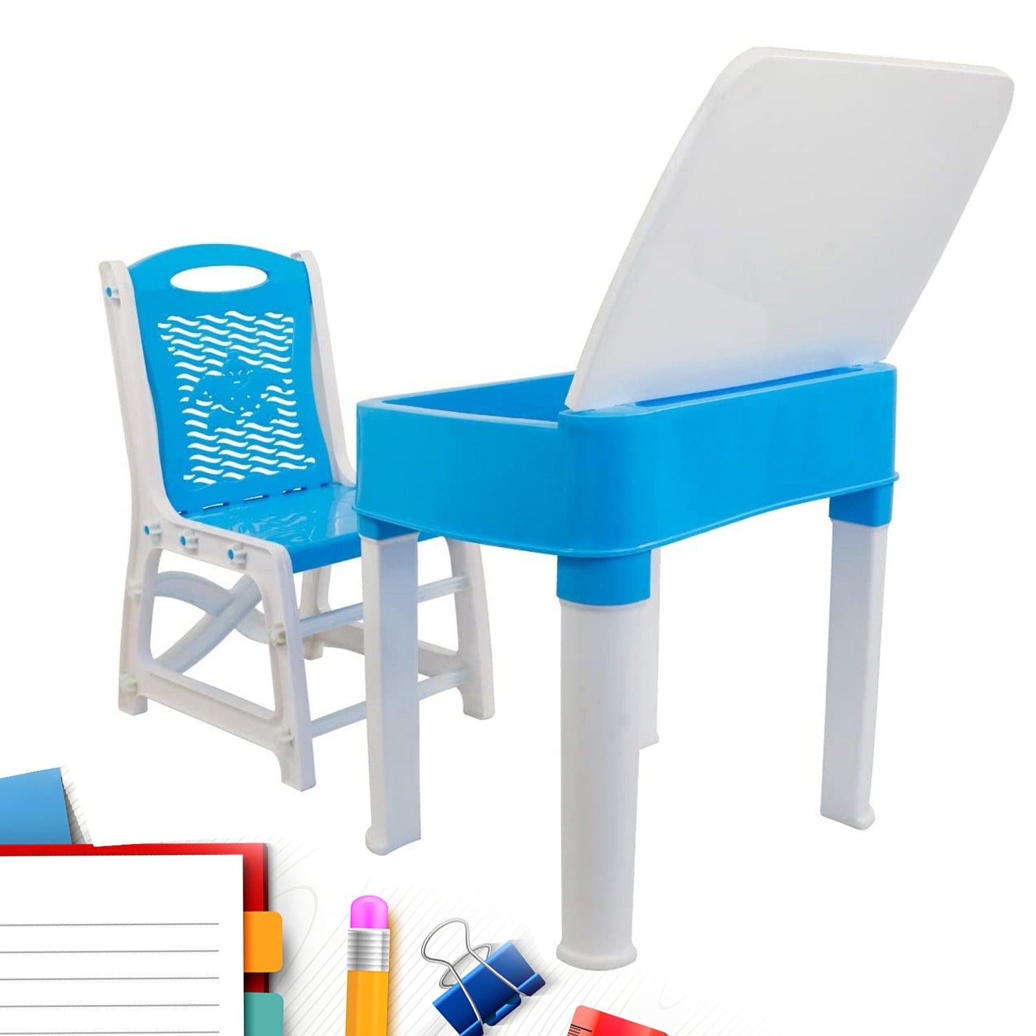 Study Table And Chair Set For Boys And Girls With Small Box Space For Pencils Plastic High Quality Study Table (Blue) - Discount Karo