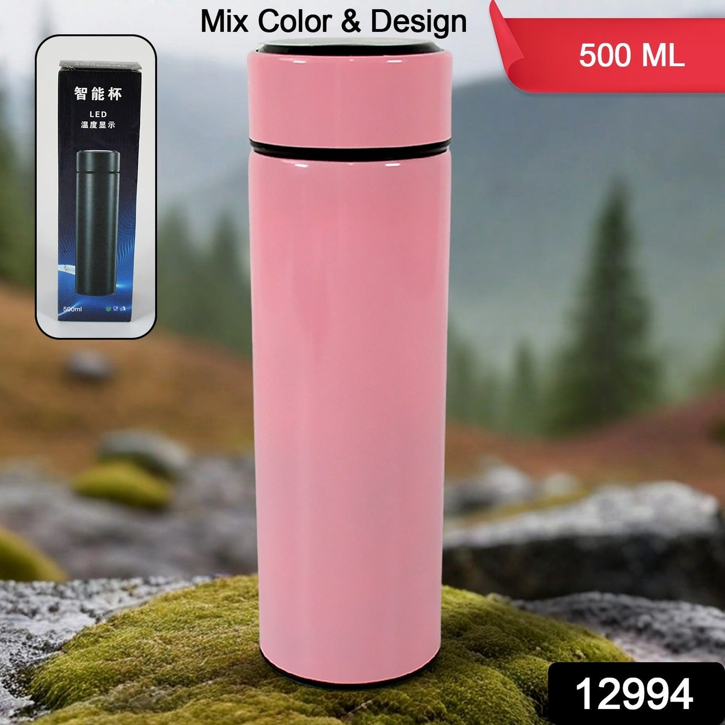 Smart Vacuum Insulated Water Bottle with LED Temperature Display, Cold & Hot | Leak Proof | Office Bottle | Gym | Home | Kitchen | Hiking | Trekking | Travel Bottle  (Mix Color & Design / 500 ML) - Discount Karo