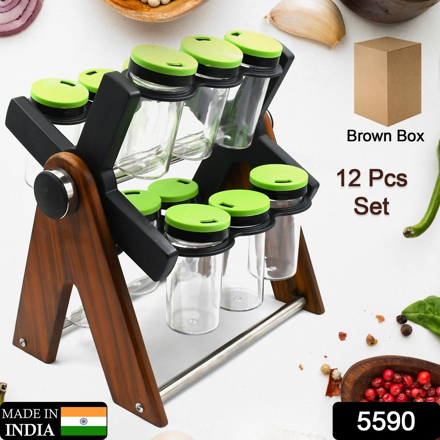 Miracle Multipurpose Wooden Spice Rack for Kitchen 12 Jars | 360 Degree Revolving Masala Box Container Spice Rack Containers Set (12 pcs Set) - Discount Karo