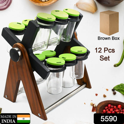 Miracle Multipurpose Wooden Spice Rack for Kitchen 12 Jars | 360 Degree Revolving Masala Box Container Spice Rack Containers Set (12 pcs Set) - Discount Karo