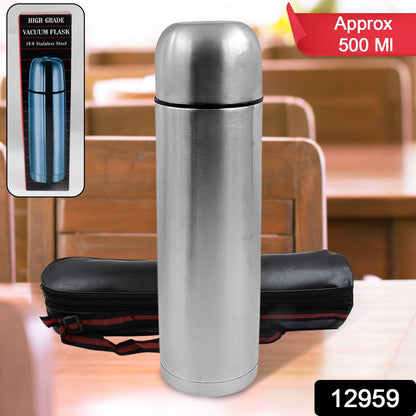 Vacuum Flask With Cover, 18/8 Stainless Steel | Hot and Cold Water Bottle with Push-Down Lid | Double Walled Stainless Steel Bottle for Travel, Home, Office, School, Picnic ( Approx 500 ML / With Cover) - Discount Karo