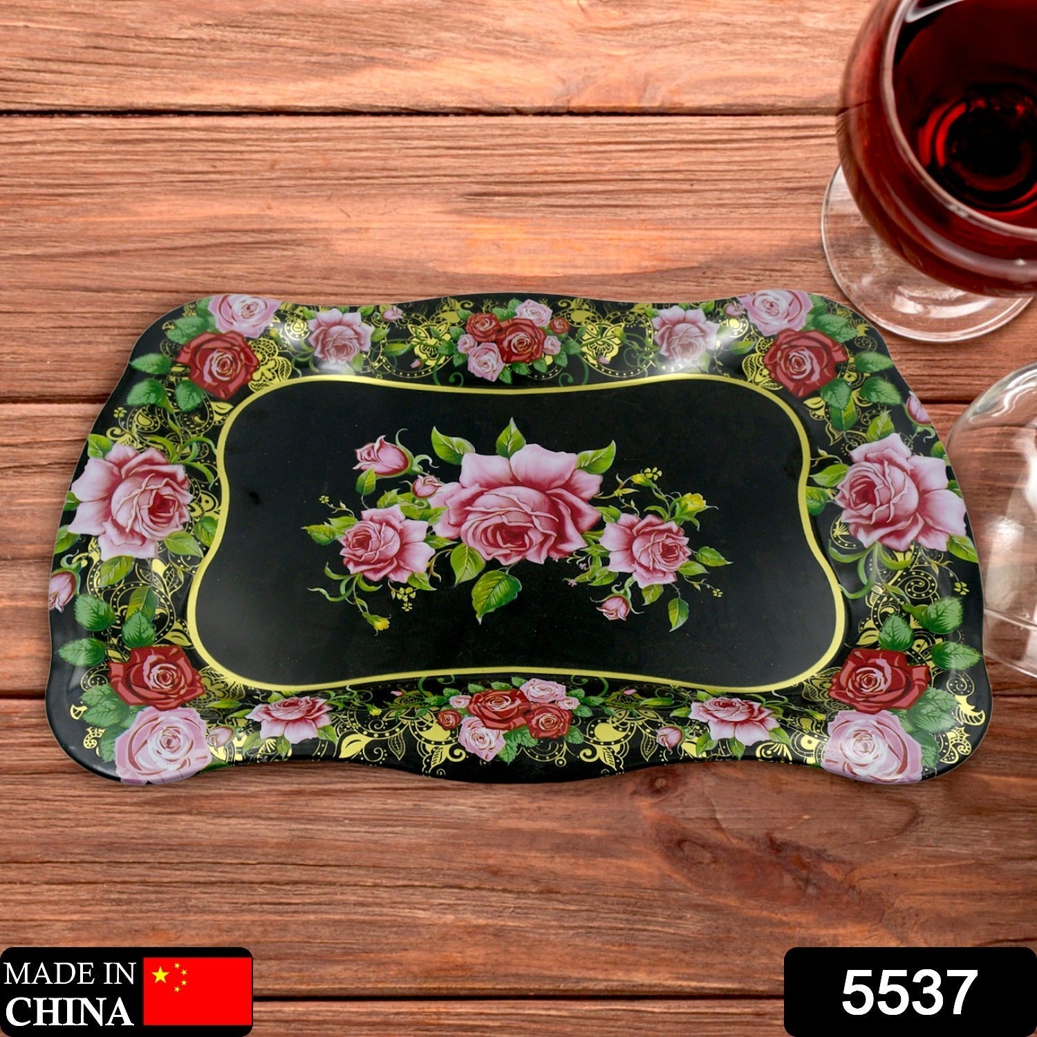 Stainless Steel Serving Tray With Flower Printed Rectangle Premium Dining Table Plate (18 x 8.5 Inch / 1 Pc) - Discount Karo