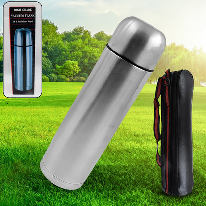 Vacuum Flask With Cover, 18/8 Stainless Steel | Hot and Cold Water Bottle with Push-Down Lid | Double Walled Stainless Steel Bottle for Travel, Home, Office, School, Picnic (750 ML) - Discount Karo