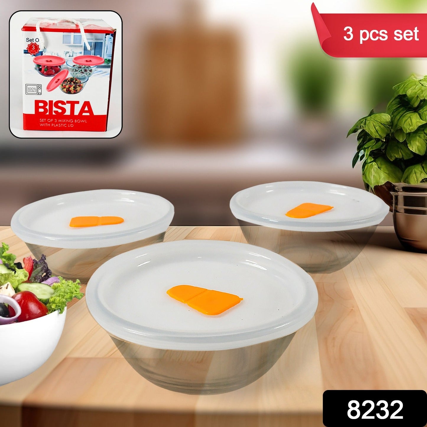 Bista Glass Serving & Mixing Bowls with Plastic Lid | Oven & Microwave Safe & Dishwasher Safe | Scratch Resistant | Transparent | For Household Gift For Birthday (3 Pcs set / 250 ML Approx) - Discount Karo