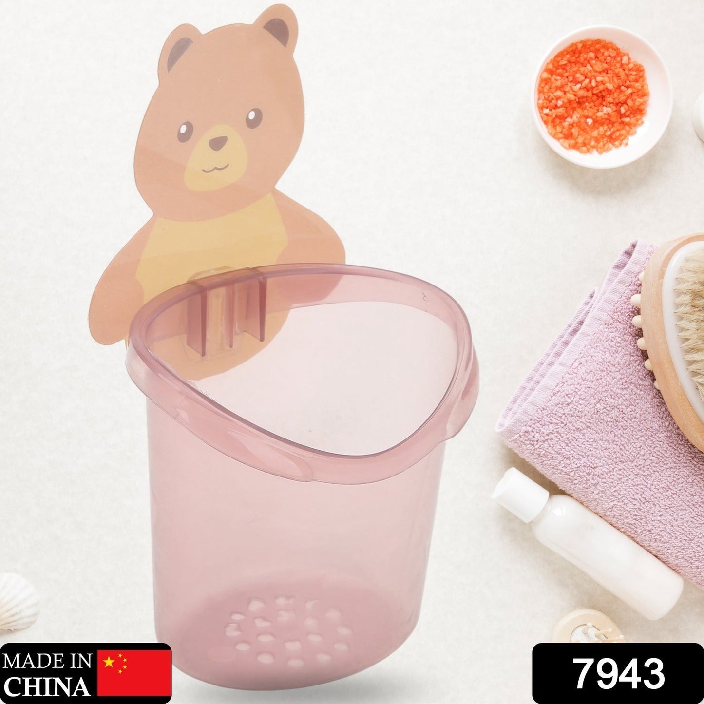 Multipurpose Wall Mount Toothbrush Holder Plastic Stand for Toothpaste, Comb, Brush, Cream, Lotion Kids Bathroom Cup Drain Waterproof Self-Adhesive, Teddy Bear