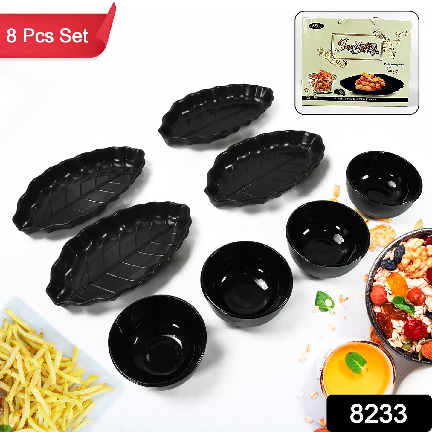 Invitation Round Ceramic Snacks Bowl With Plastic Leaf shape Serving platter Portable, Lightweight Breakfast, Serving Bowl | Ideal for Rice, Pasta, Desserts Home & Kitchen Serving Bowl & platter (8 Pcs set) - Discount Karo