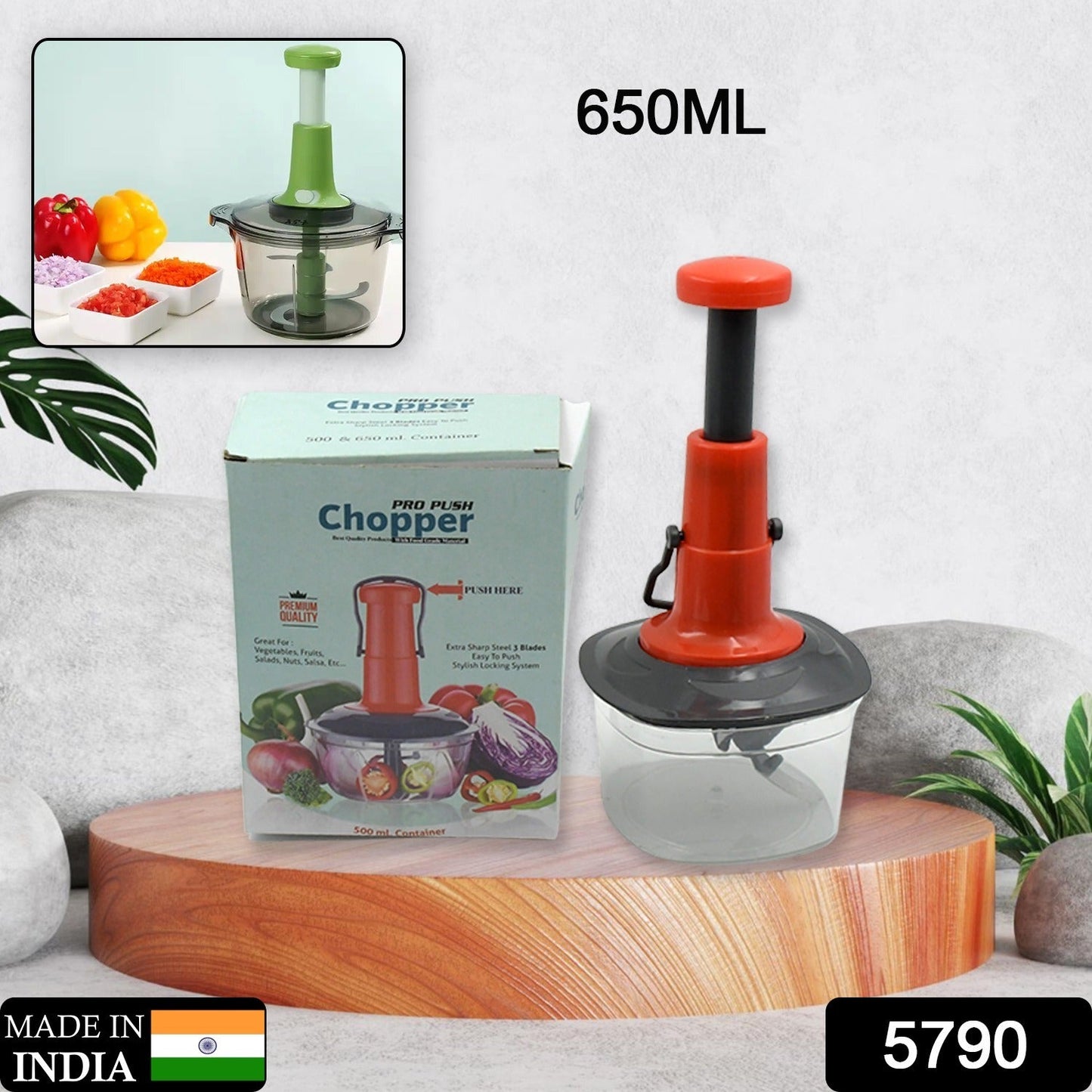 Manual Food Chopper (650ml): 3 Stainless Steel Blades, Locking System, Anti-Slip Base - Discount Karo