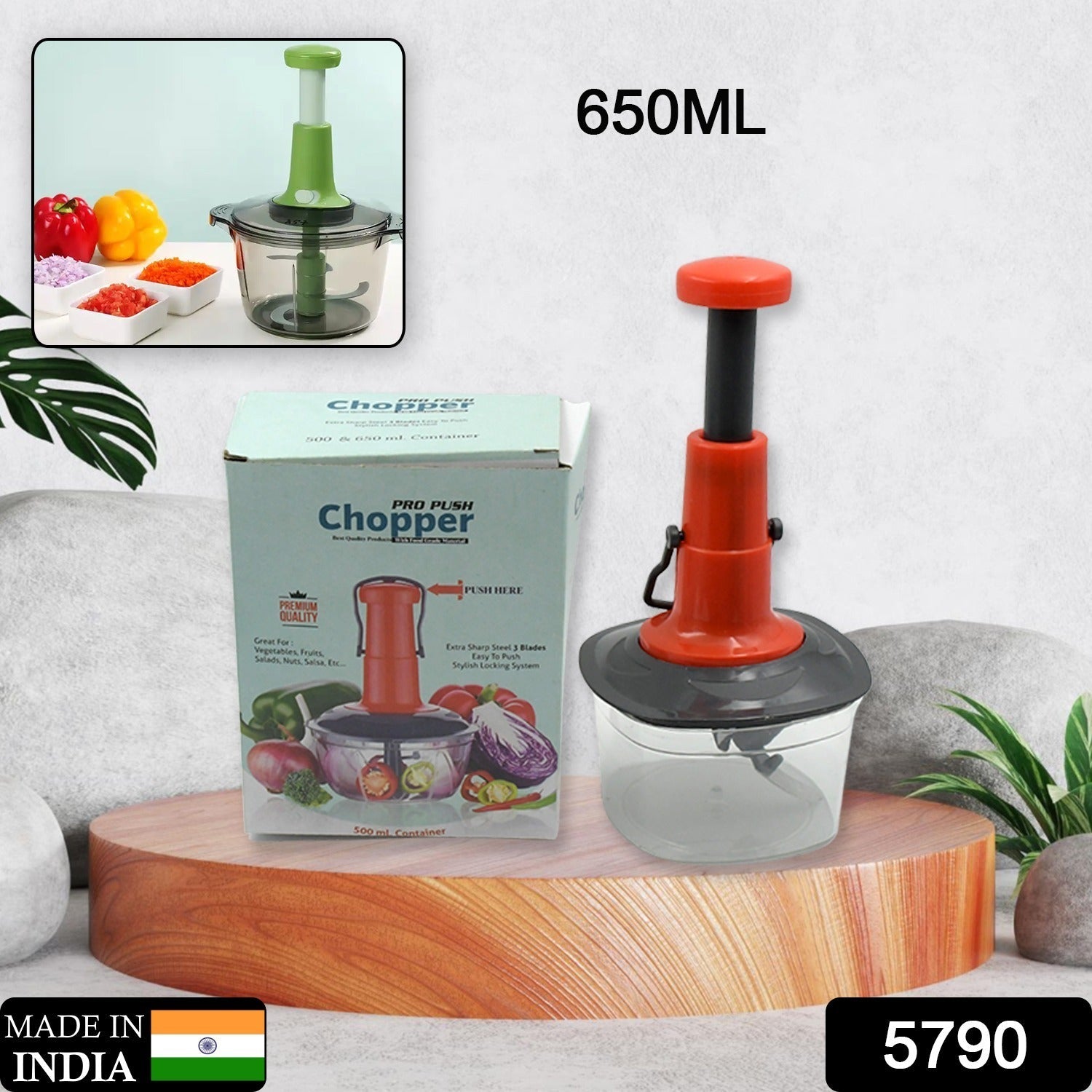 Manual Food Chopper (650ml): 3 Stainless Steel Blades, Locking System, Anti-Slip Base - Discount Karo