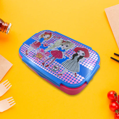 CARTOON PRINTED PLASTIC LUNCH BOX WITH INSIDE SMALL BOX & SPOON FOR KIDS, AIR TIGHT LUNCH TIFFIN BOX FOR GIRLS BOYS, FOOD CONTAINER, SPECIALLY DESIGNED FOR SCHOOL GOING BOYS AND GIRLS - Discount Karo