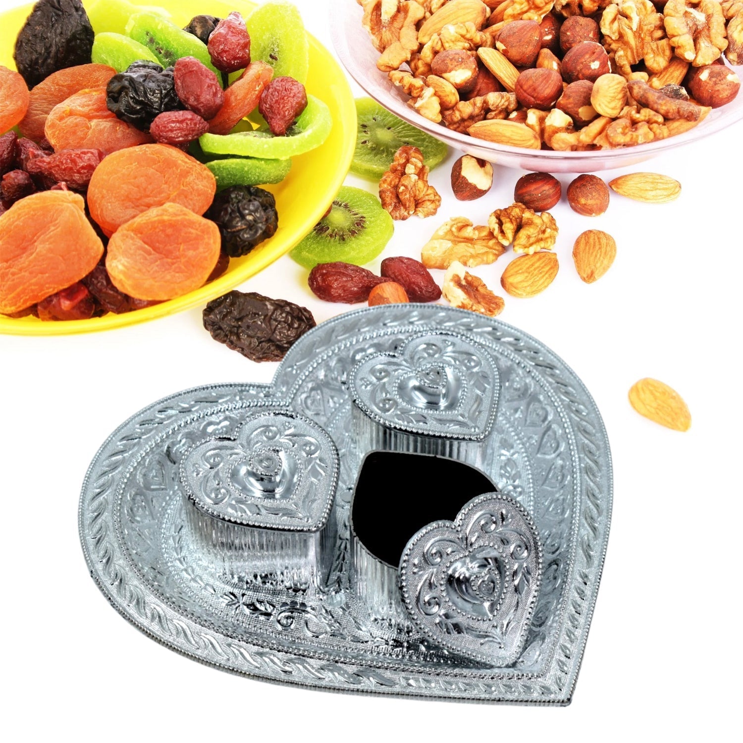 2852 Heart Multipurpose Tray 3 Container Elegant Royal Design Plastic for Dry Fruit Chocolate Mouth Freshener Box 