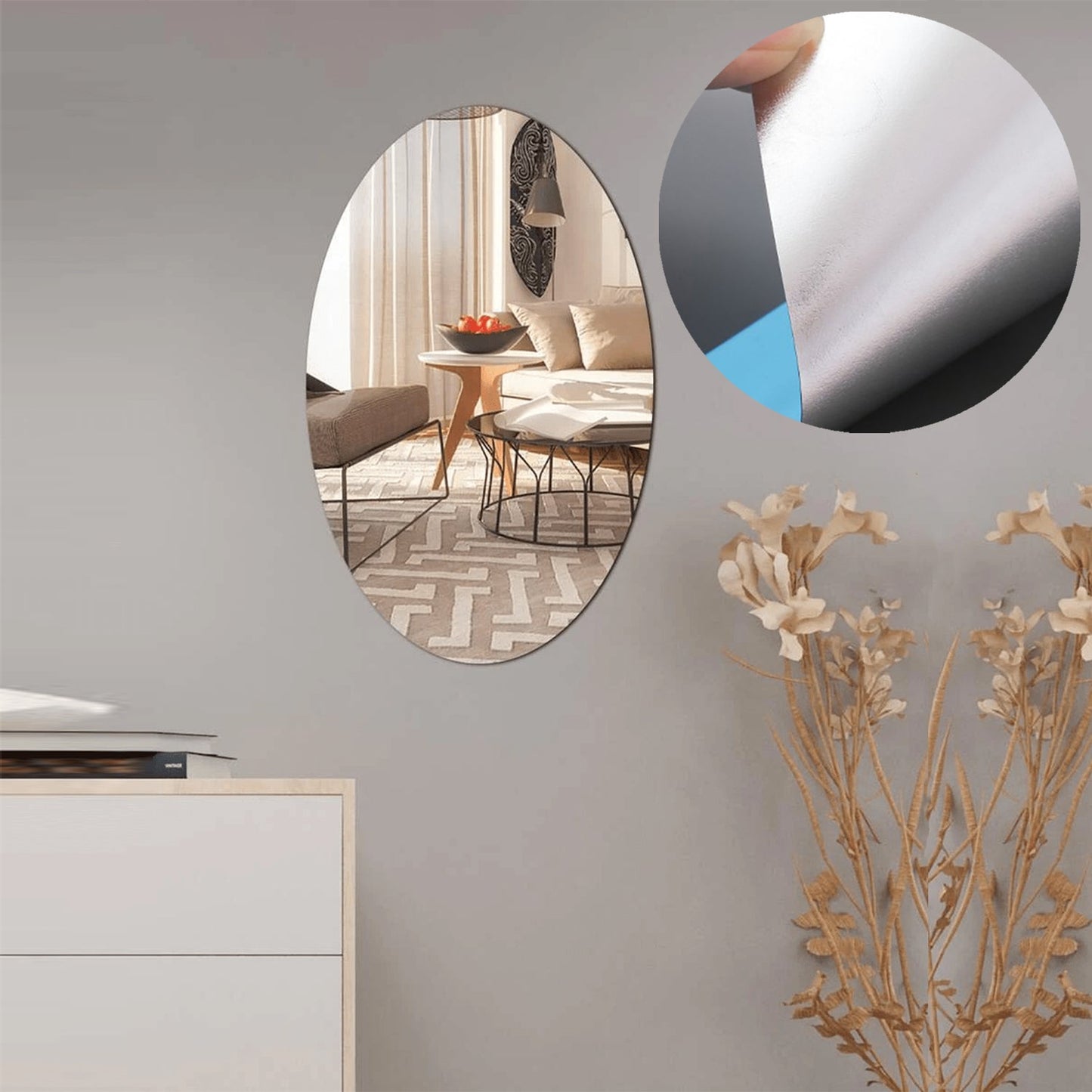 Oval Frame Less Mirror Wall Sticker for Dressing