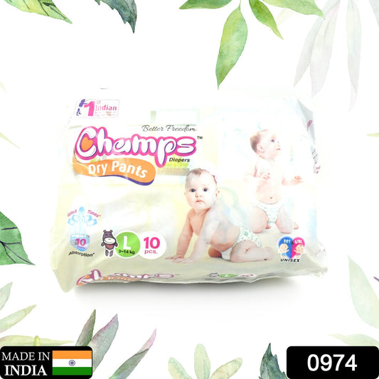 Champs Travel Diapers (Large, 10 Pcs): Leakproof, Soft & Dry, Baby Diaper Pants - Discount Karo