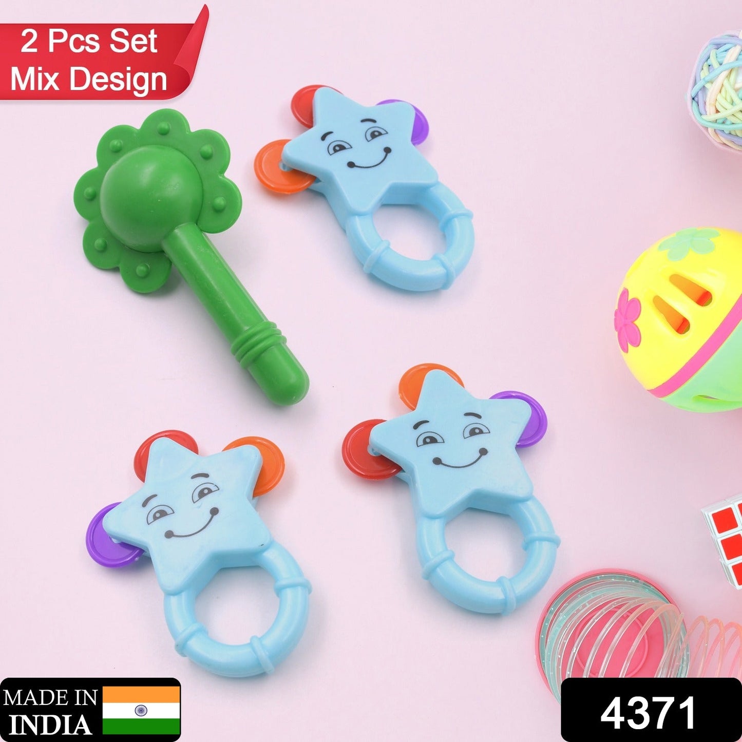 Mix Design Rattle Set for New Born Babies with AttrDraftColors and Khanjari Rattle, Musical Gallery Khanjari Musical Instrument Toy Baby Play Toy Fun Return Gift for Kids Birthday (1 Set 2 Pc) - Discount Karo