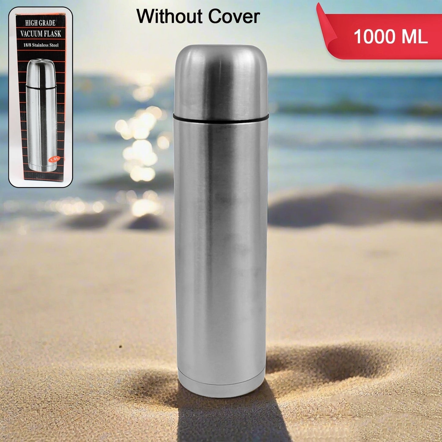 Vacuum Flask Without Cover, 18/8 Stainless Steel | Hot and Cold Water Bottle with Push-Down Lid | Double Walled Stainless Steel Bottle for Travel, Home, Office, School, Picnic (1000 ML / Without Cover) - Discount Karo