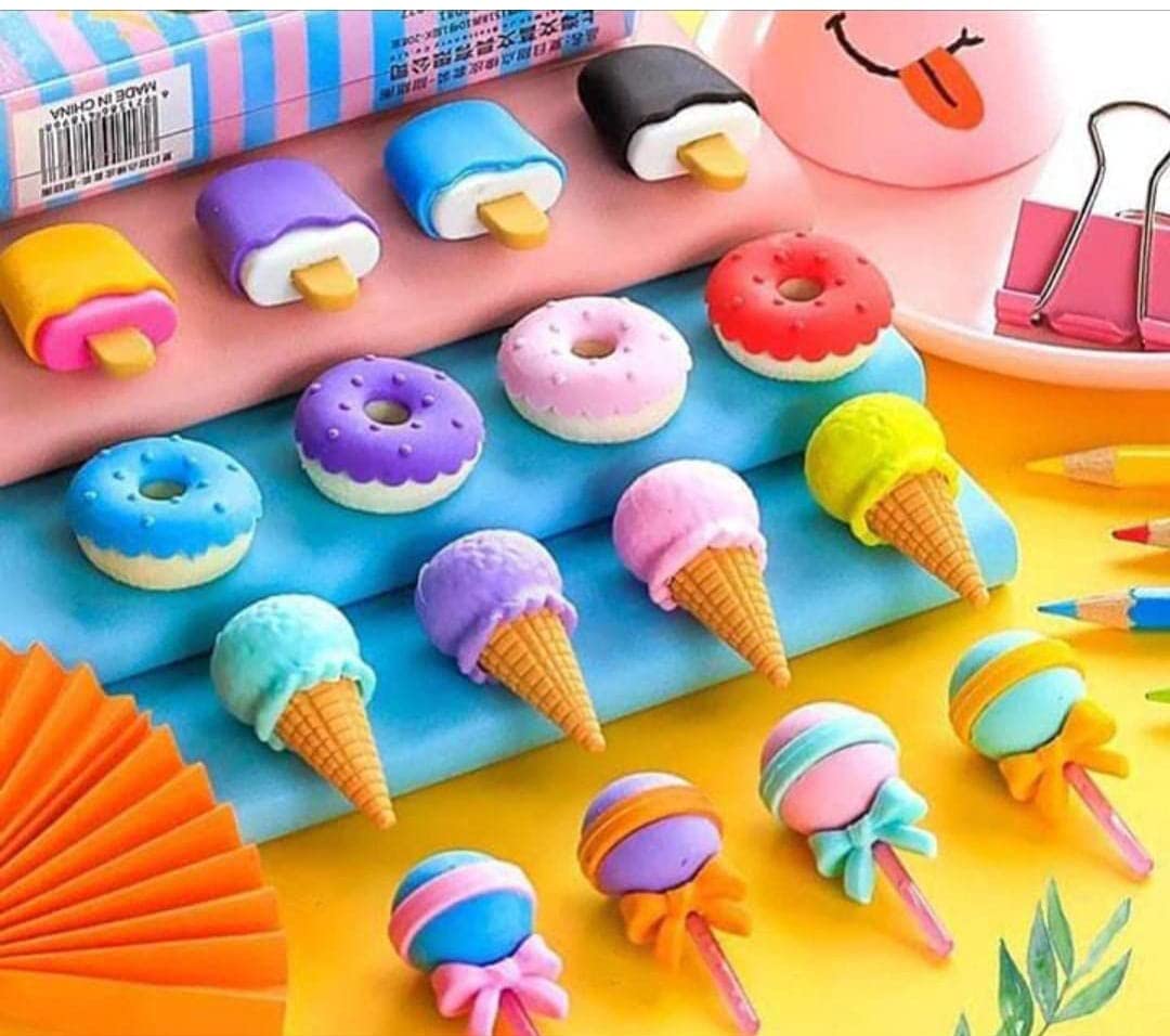 Cone / Donut / Lolipop / Ice cream / Eraser for Girls & Boys / Eraser for School B'Day Return Gift Party Doughnut Lollipop Ice Cream Theme Shape Erasers Pencils Set for Kids Educational Stationary kit, School Supplies (1 Set 4 Pc) - Discount Karo