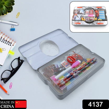 Big Cartoon Printed  Metal Compass Box, Pencil Case With Sharpner, Eraser, Pencil, Marker & Scale for Kids Stationery Compass Box, Stationery Gift for School Kids Compass, Pencil Box, Birthday Return Gift for Kids  (6 Pc Set) - Discount Karo