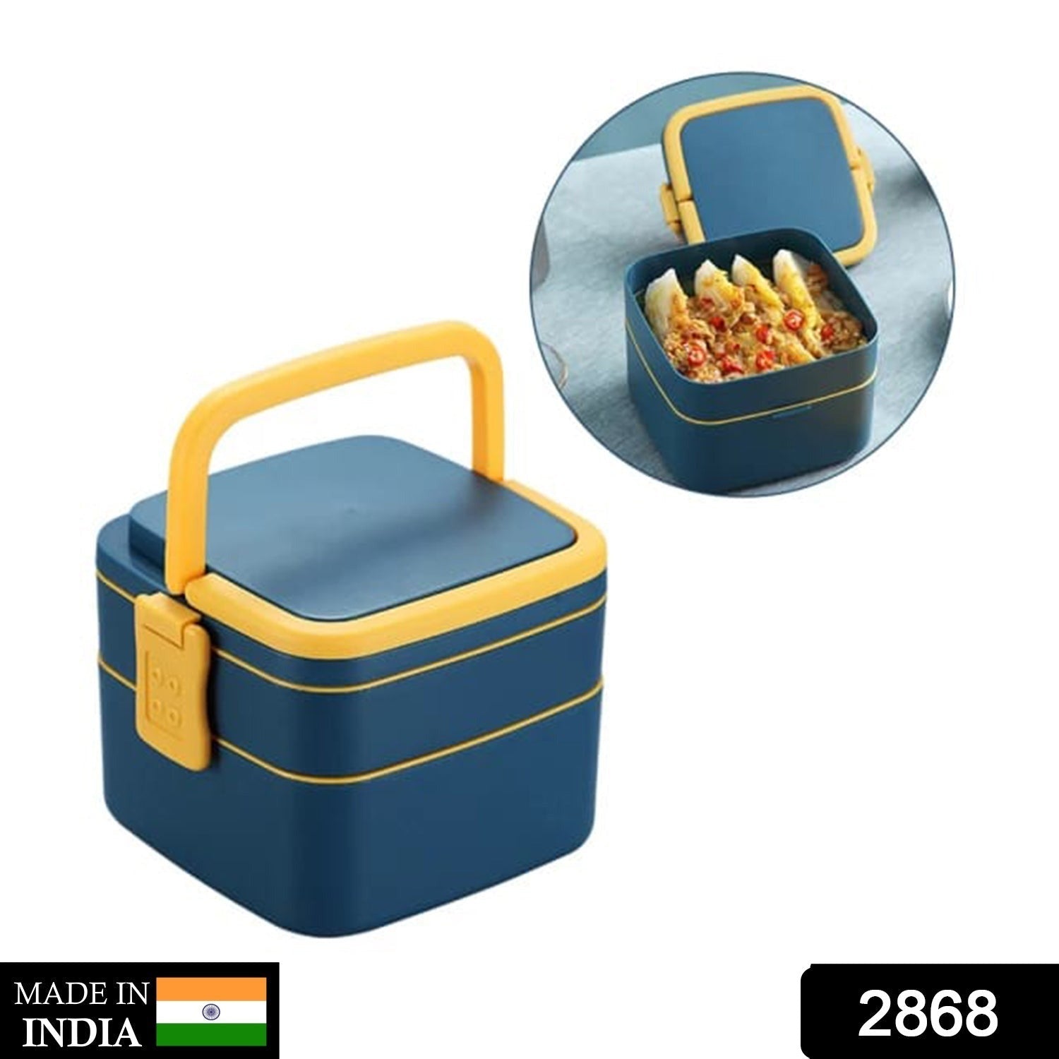 BLUE DOUBLE-LAYER PORTABLE LUNCH BOX STACKABLE WITH CARRYING HANDLE AND SPOON LUNCH BOX , Bento Lunch Box - Discount Karo