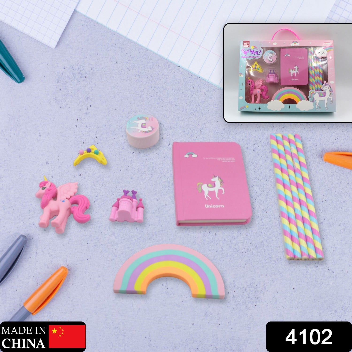 Unicorn Stationery Writing Set - Unicorn Diary, Pencils, Sharpener, Unique Erasers for Girls Ages 4-11 Years Old Birthday Party Return Gift Set for Girls Kids (11 Pc Set) - Discount Karo