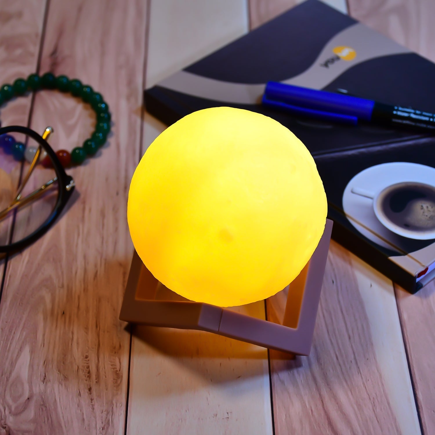 6273 Moon Night Lamp Yellow Colors Changing Touch Sensor with Wooden Stand Night Lamp for Bedroom 