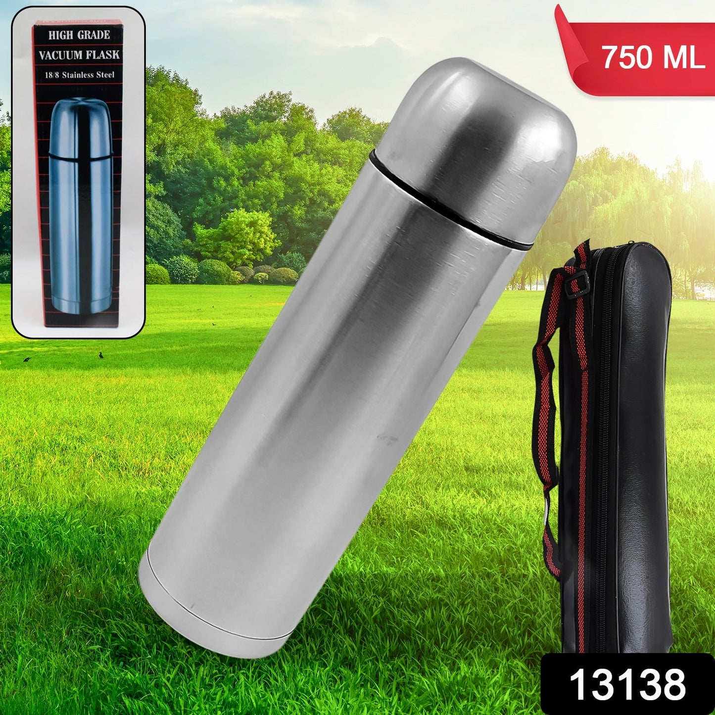 Vacuum Flask With Cover, 18/8 Stainless Steel | Hot and Cold Water Bottle with Push-Down Lid | Double Walled Stainless Steel Bottle for Travel, Home, Office, School, Picnic (750 ML) - Discount Karo