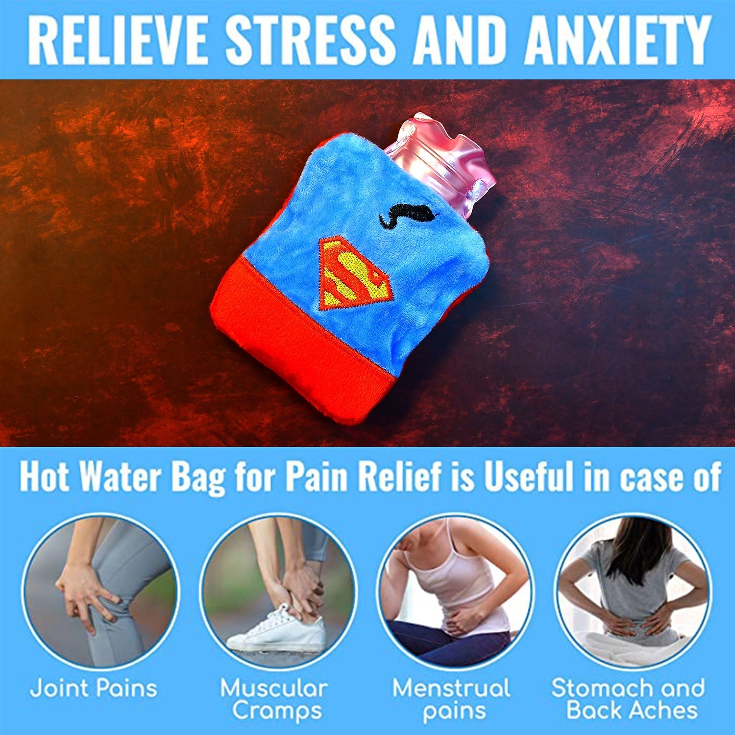 Superman Print Small Hot Water Bag with Cover for Pain Relief - Discount Karo