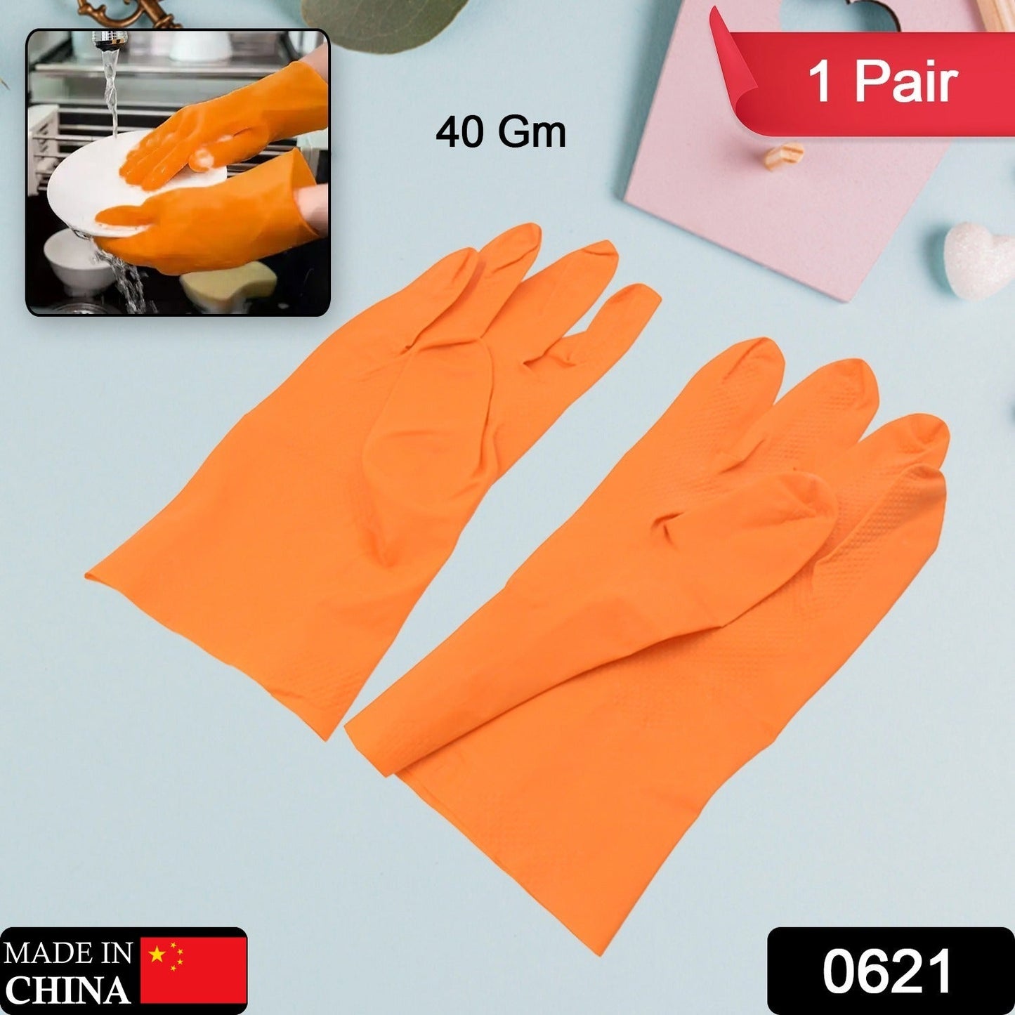 Multipurpose Rubber Reusable Cleaning Gloves, Reusable Rubber Hand Gloves I Latex Safety Gloves I for Washing I Cleaning Kitchen I Gardening I Sanitation I Wet and Dry Use Orange Gloves (1 Pair 40 Gm) - Discount Karo