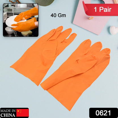 Multipurpose Rubber Reusable Cleaning Gloves, Reusable Rubber Hand Gloves I Latex Safety Gloves I for Washing I Cleaning Kitchen I Gardening I Sanitation I Wet and Dry Use Orange Gloves (1 Pair 40 Gm) - Discount Karo