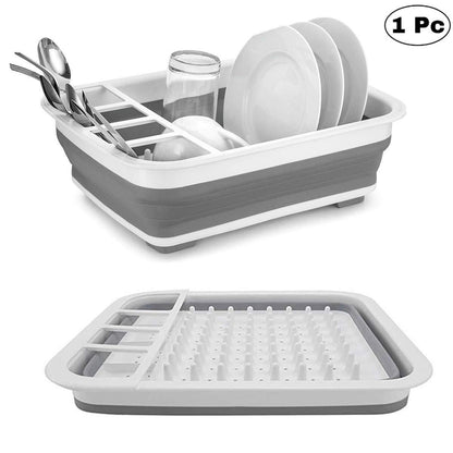 0804 Collapsible Folding Silicone Dish Drying Drainer Rack with Spoon Fork Knife Storage Holder 