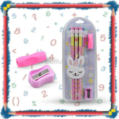 Cute Rabbit Bear Drawing Graphite Writing Pencil Set with Pencil Sharpener & Eraser, Pencil and Eraser Set with Eraser for Kids, for Girls, Fancy School Stationary, Birthday Party Return Gift (14 Pc Set) - Discount Karo