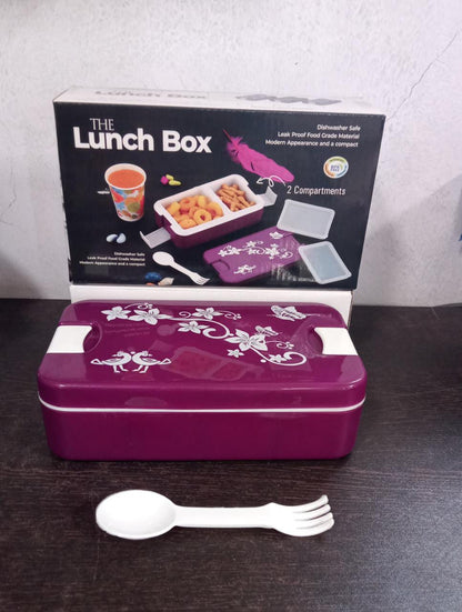 AIRTIGHT LUNCH BOX 2 COMPARTMENT LUNCH BOX LEAK PROOF FOOD GRADE MATERIAL LUNCH BOX MODERN APPEARANCE & COMPACT LUNCH BOX WITH SPOON - Discount Karo