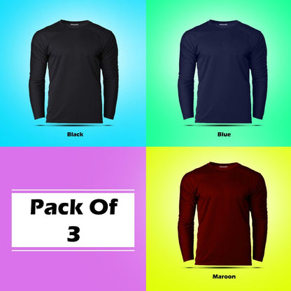 Cotton Solid Round Neck Full Sleeves T-Shirt (Pack of 3)