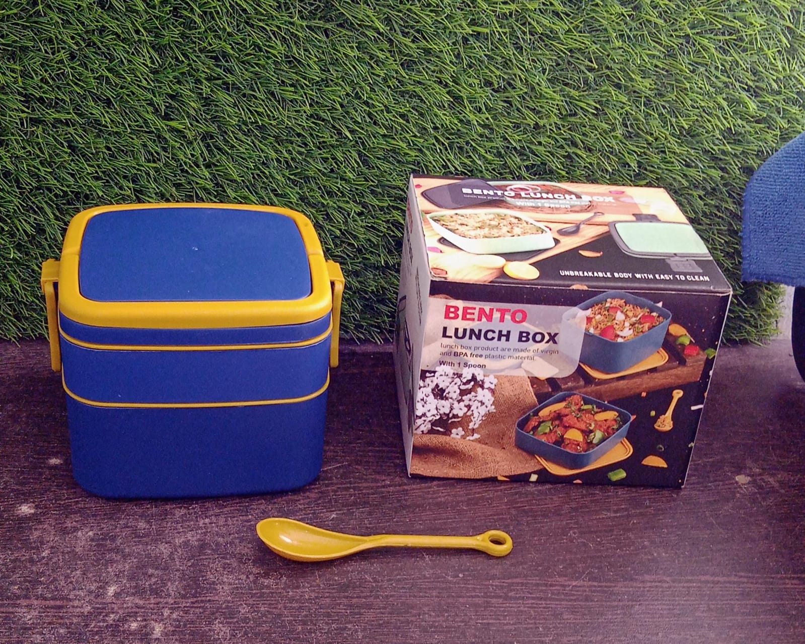 BLUE DOUBLE-LAYER PORTABLE LUNCH BOX STACKABLE WITH CARRYING HANDLE AND SPOON LUNCH BOX , Bento Lunch Box - Discount Karo