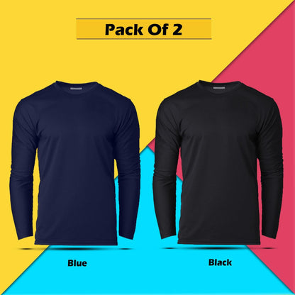 Cotton Solid Round Neck Full Sleeves T-Shirt (Pack of 2)