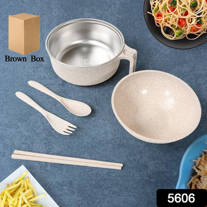 Rice Bowl Noodle 1 Bowl with 1 Lid and Handle Wheat Straw Noodle Bowls with Wheat Straw 1 Fork, 2 Chopsticks, 1 Spoon for Soup Salad Cooker Snack Set (6 Pcs Set) - Discount Karo