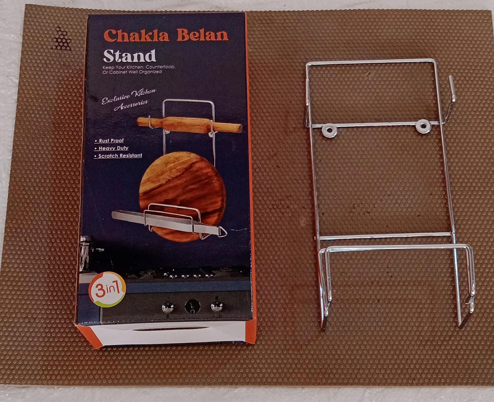 Chakla Belan Chimta Stand Rolling Pin Board Tong Holder Silver Stainless Steel Multi-Purpose Rack for Kitchen (1 Pc ) - Discount Karo