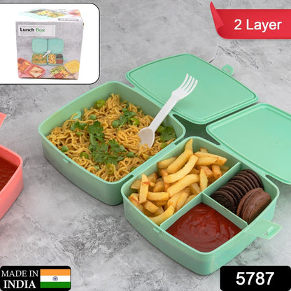 Double-Layer Square Lunch Box with  Spoon , 4 Compartment Tiffin & Push Lock , Plastic Tiffin Box for Travelling, School Kids & Office Exclusive, Home - Discount Karo