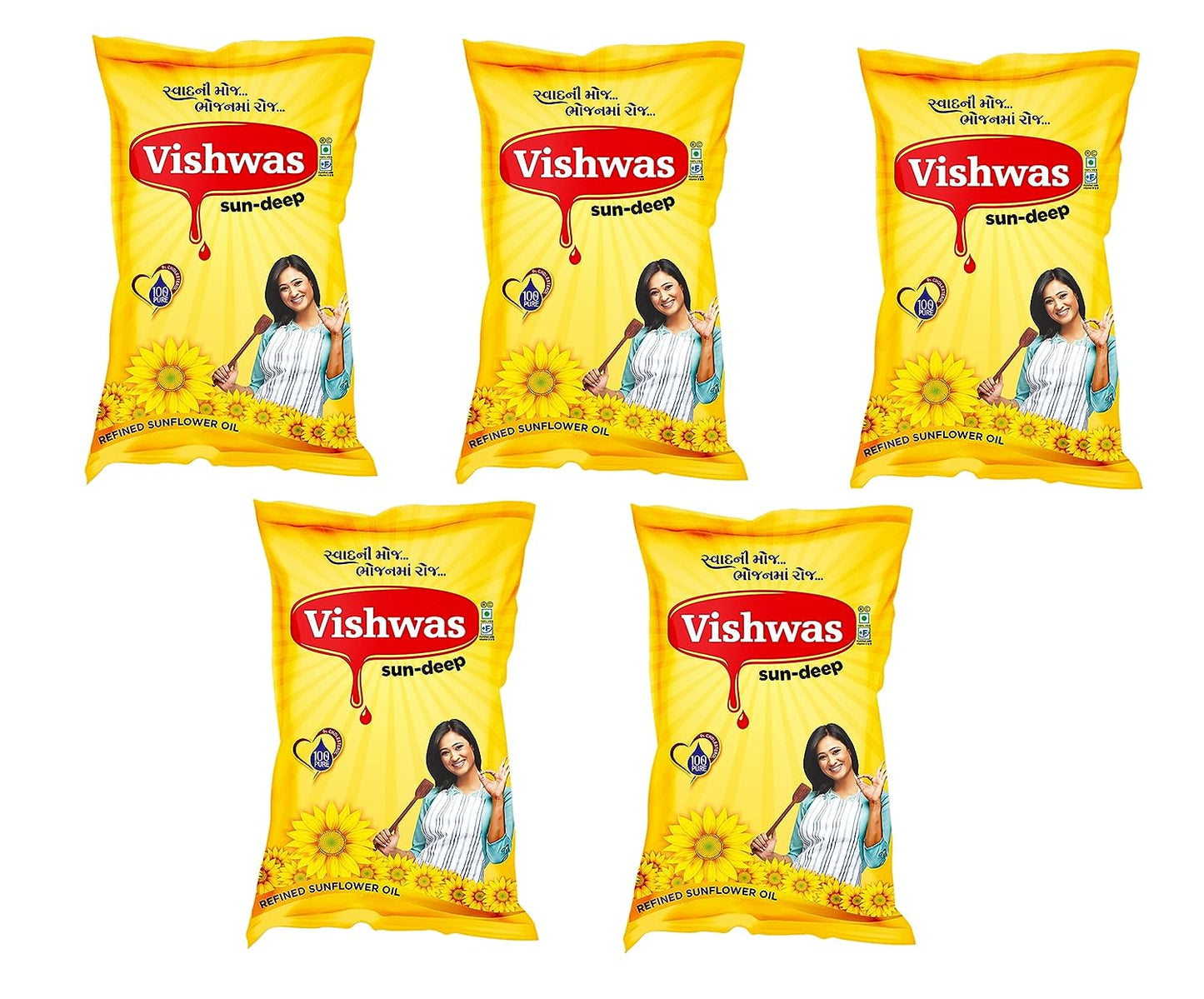 Vishwas Sunflower Oil Jar & Pouch | Refined Sunflower Oil 100% Natural and Pure Sunflower Cooking Oil (Pack Of 5) - Discount Karo