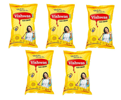 Vishwas Sunflower Oil Jar & Pouch | Refined Sunflower Oil 100% Natural and Pure Sunflower Cooking Oil (Pack Of 5) - Discount Karo