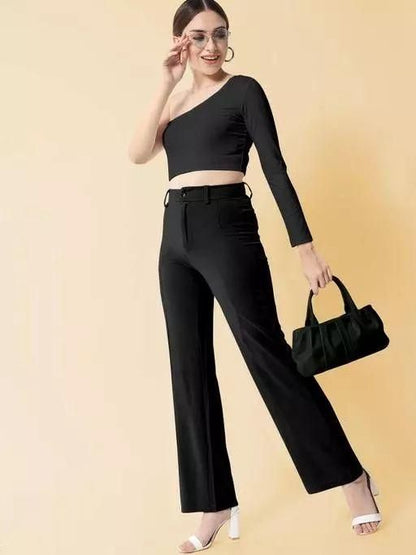 Elegant Wine & Black Lycra Solid Trousers Combo For Women