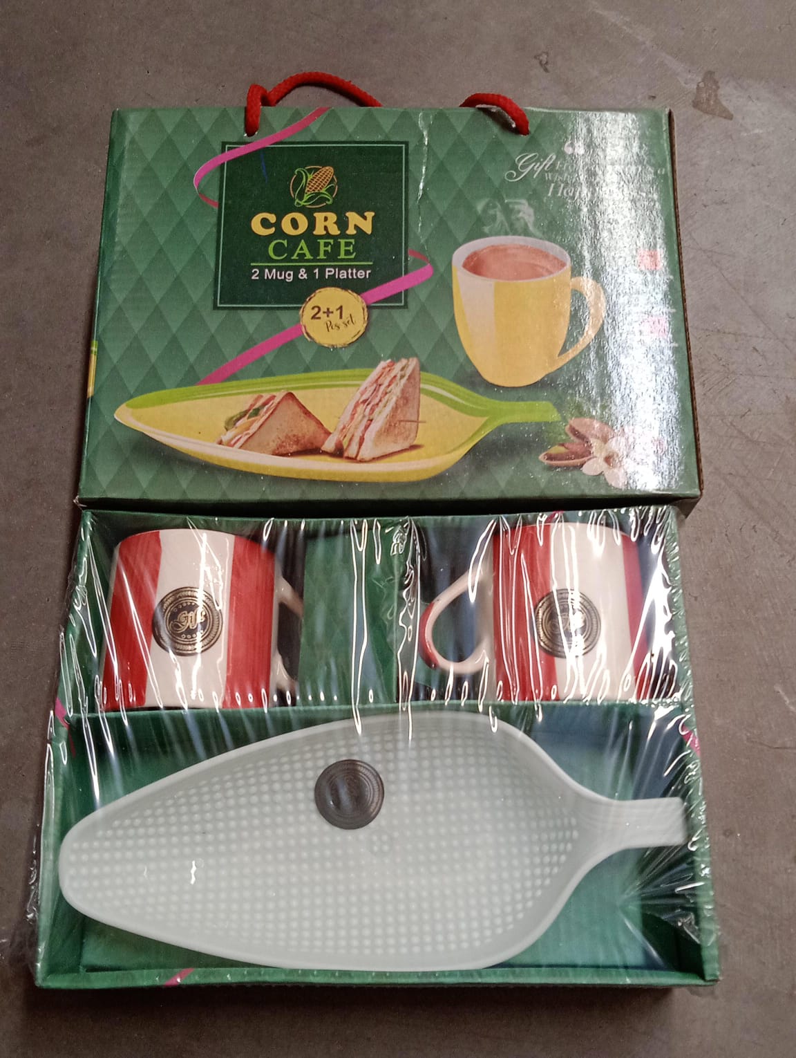 Corn Cafe Ceramic Tea / Cups Set Including Plastic Leaf Shape Serving Platter Milk Cup, Coffee Cup, Tea Cup, Breakfast Cup / Mug, or Outdoor for Household Gift For Birthday (3 Pcs Set) - Discount Karo