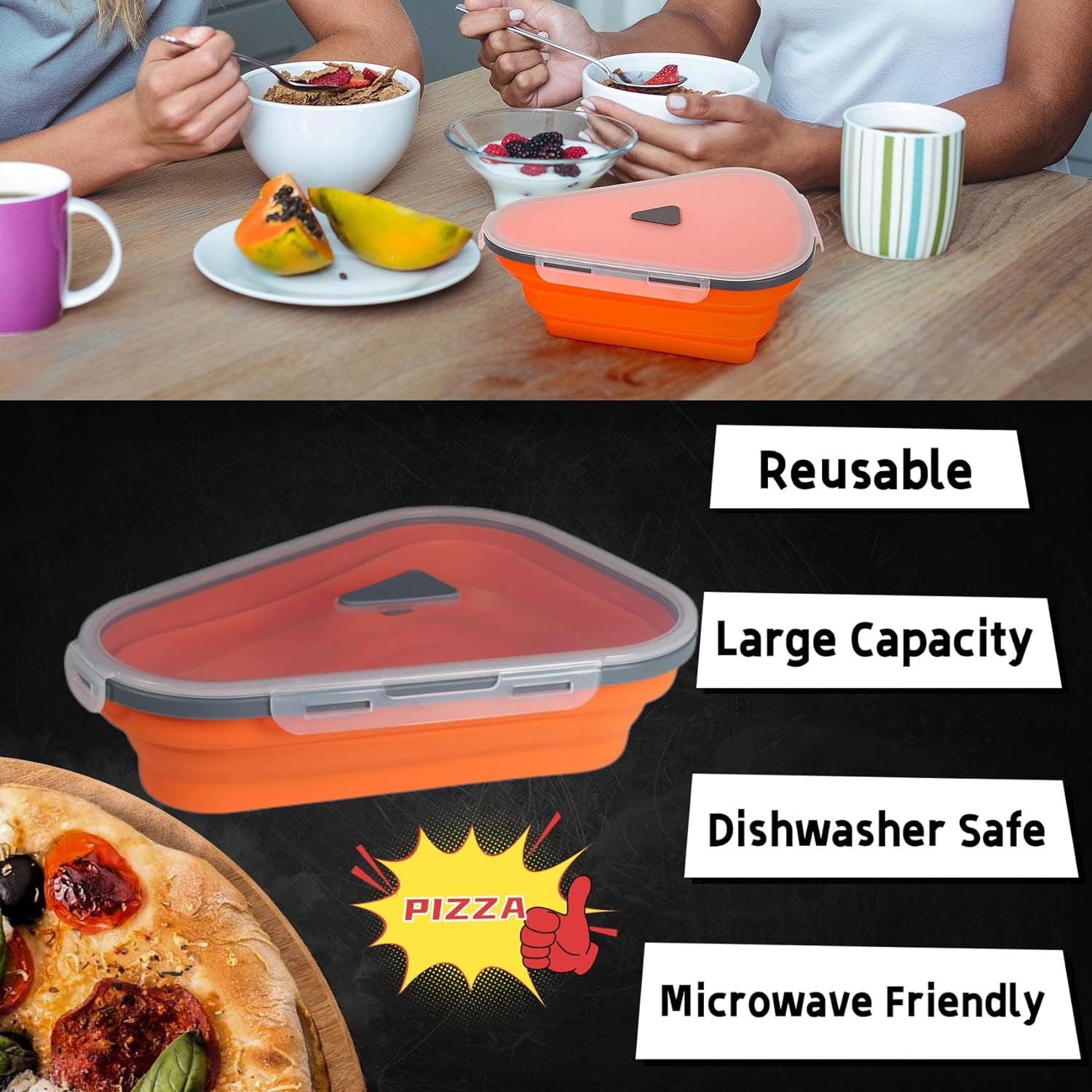 Reusable Pizza Storage Containers with 5 Microwavable Serving Trays, Silicone Container Expandable & Adjustable for Packing Pizza at home / outdoor - Discount Karo