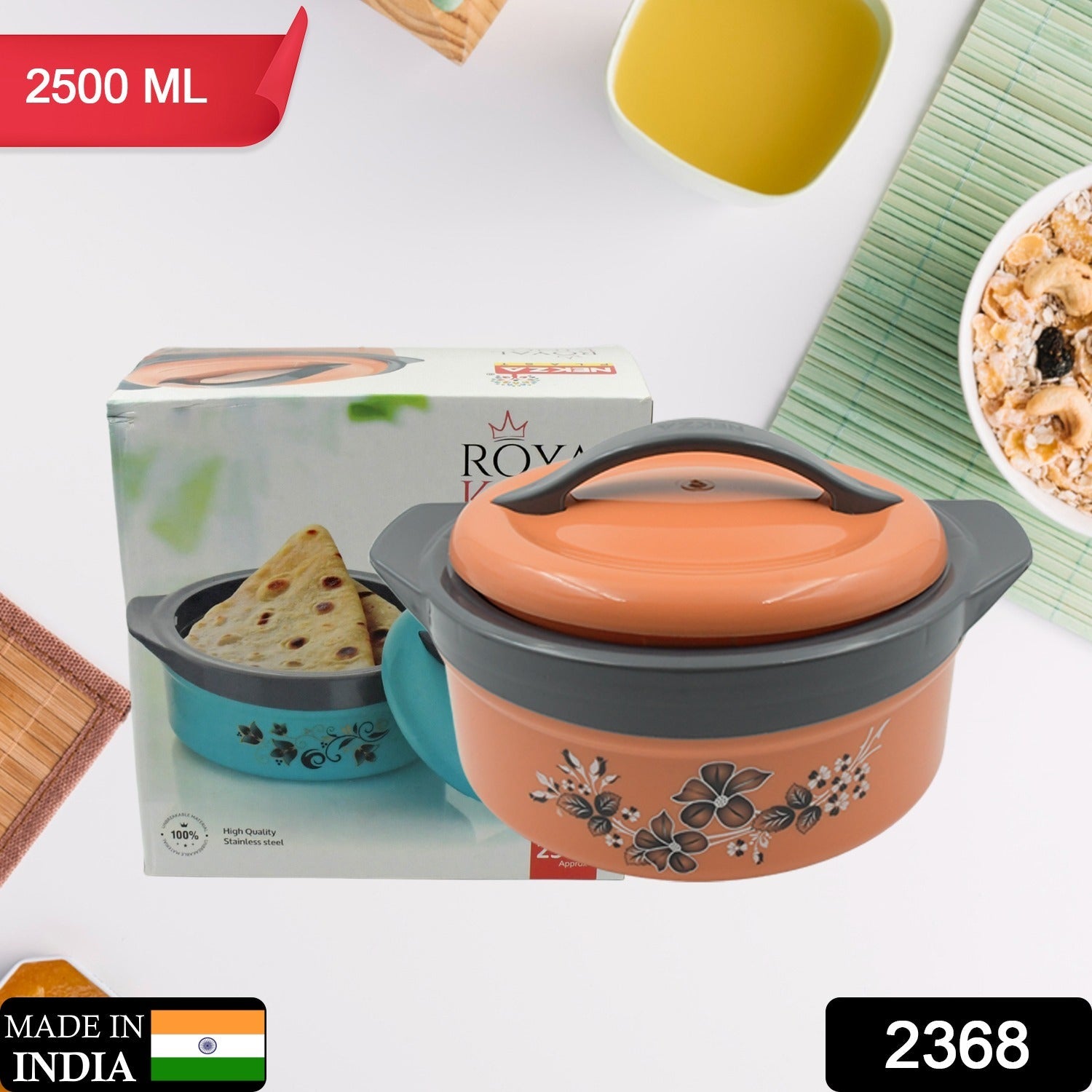 Casserole Box for Food Searving Inner Steel Insulated Casserole Hot Pot Flowers Printed Chapati Box for Roti Kitchen (Approx 2500 ml) - Discount Karo