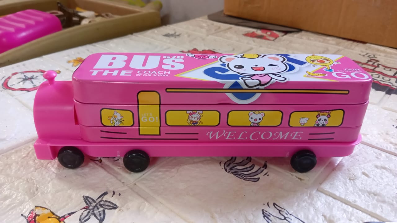 Double Decker Magic Bus Compass 2 Layer Metal Bus Compass Pencil Case with Movable Wheels & Sharpener Bus Shape with Tiers Metal Pencil Box for Kids Birthday Party - Discount Karo