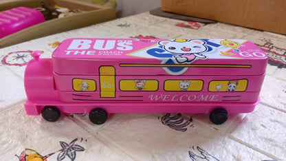 Double Decker Magic Bus Compass 2 Layer Metal Bus Compass Pencil Case with Movable Wheels & Sharpener Bus Shape with Tiers Metal Pencil Box for Kids Birthday Party - Discount Karo